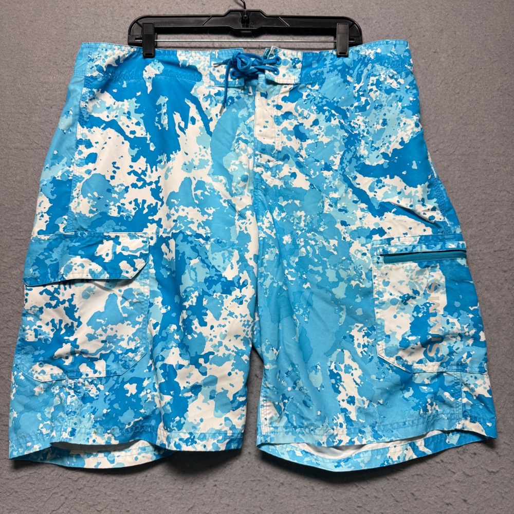 Simms Fishing Solarflex Mens‎ Board Shorts Size 38x11 Blue Camo Cargo Pockets